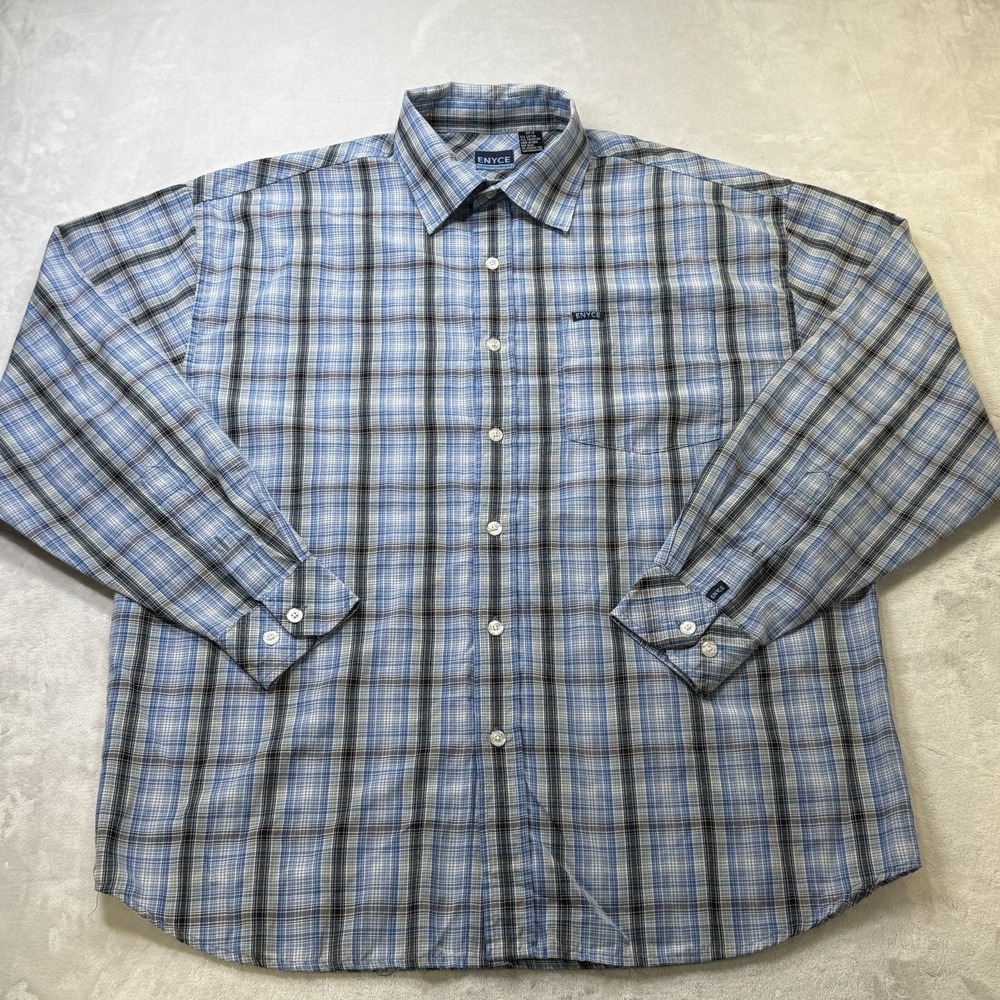 ENYCE Y2K Plaid Button Up Shirt Mens Medium Blue Hip Hop Streetwear‎